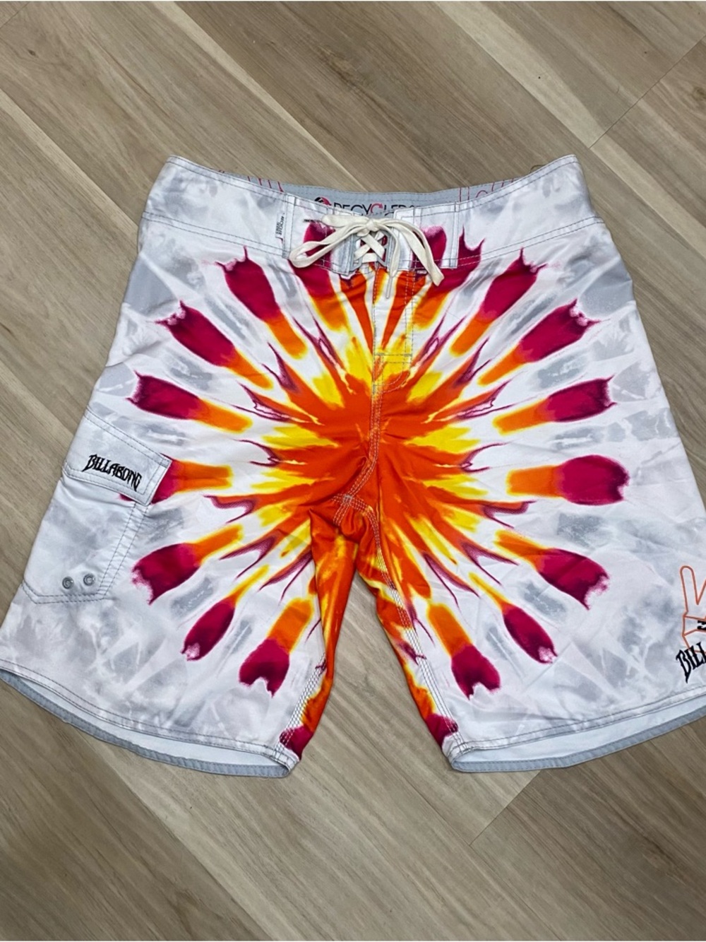 Billabong Men’s White Tie-Dye Swim Shorts with Orange and Pink Burst